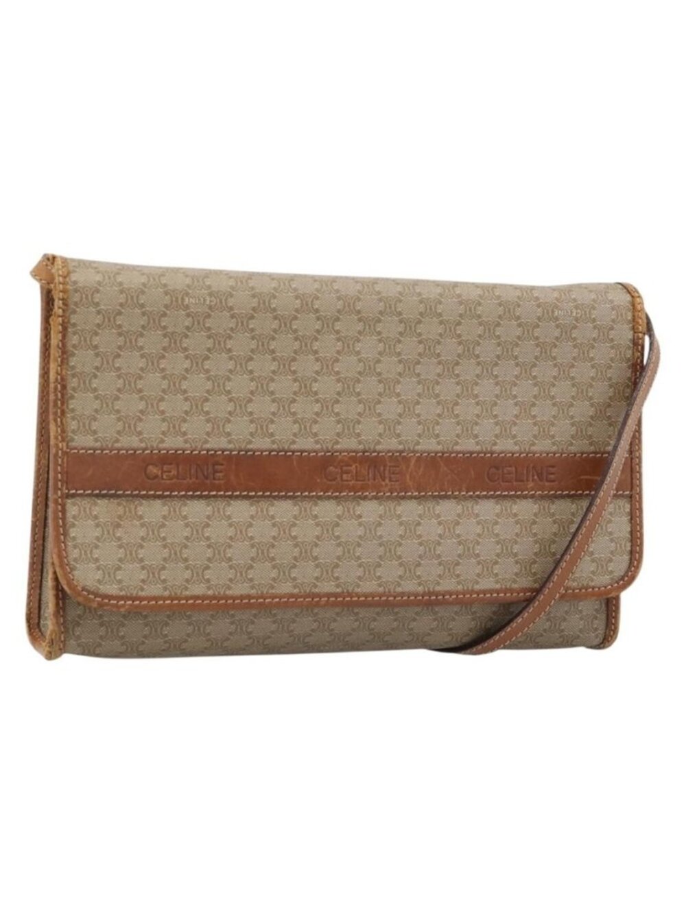 Authentic CELINE Macadam Canvas Shoulder Bag PVC Beige Gold